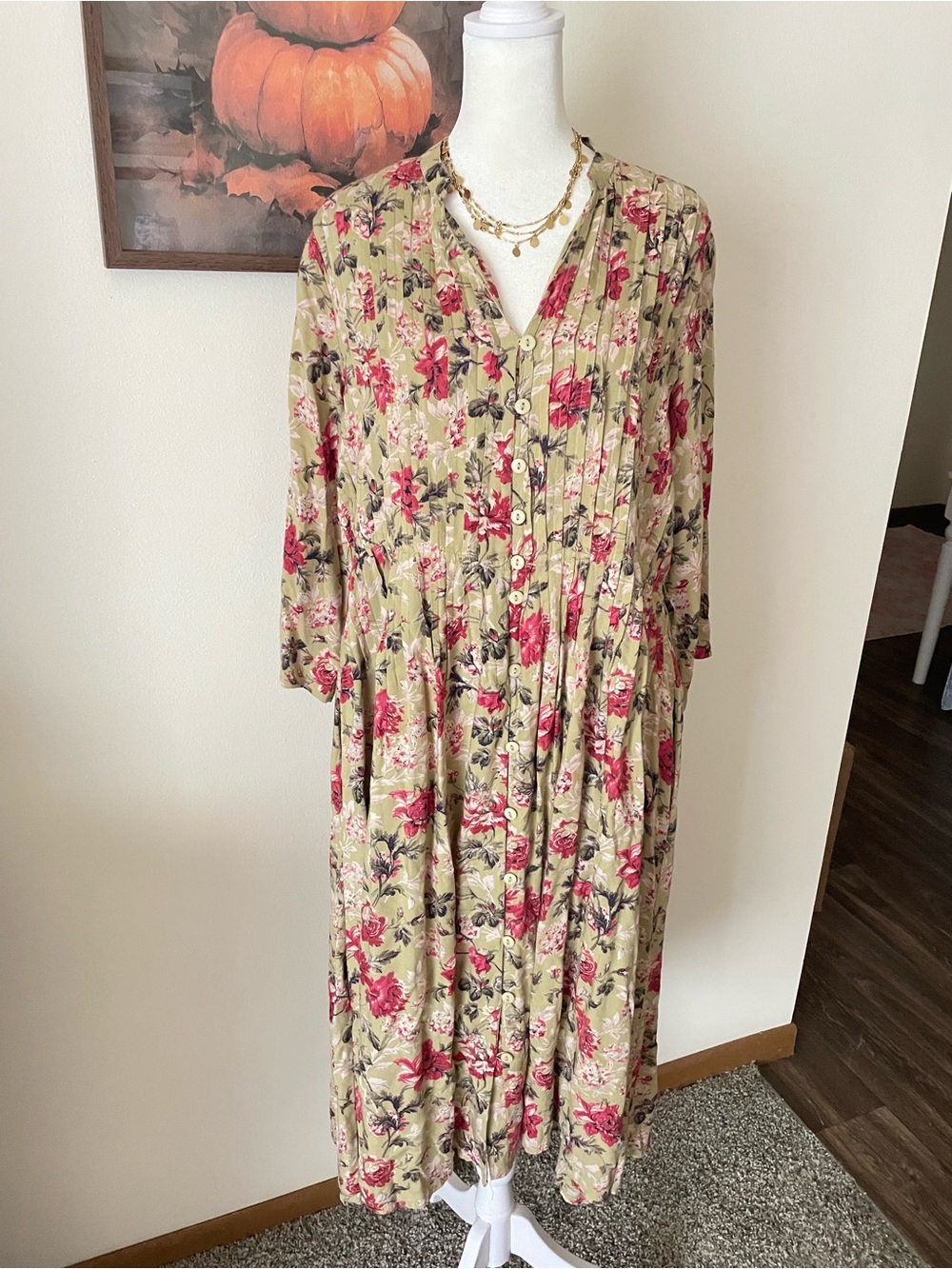 April Cornell Floral Pintuck Button Front Dress Sage Green Rose Medium Hemmed